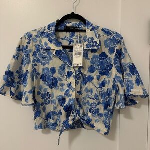 Mango White and Blue Floral Blouse